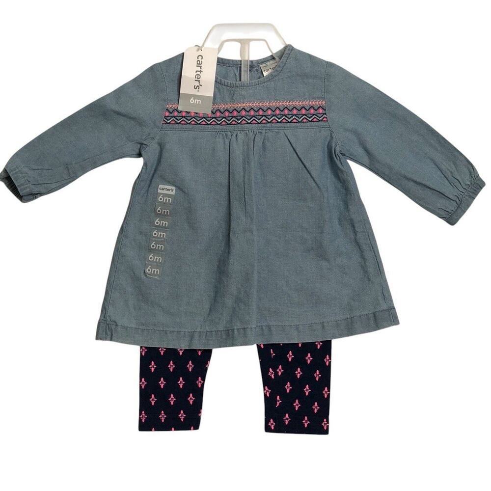 Carters Baby Girlsβ Outfit Chambray Long Sleeve Denim Shirt Print Leggings 6 M